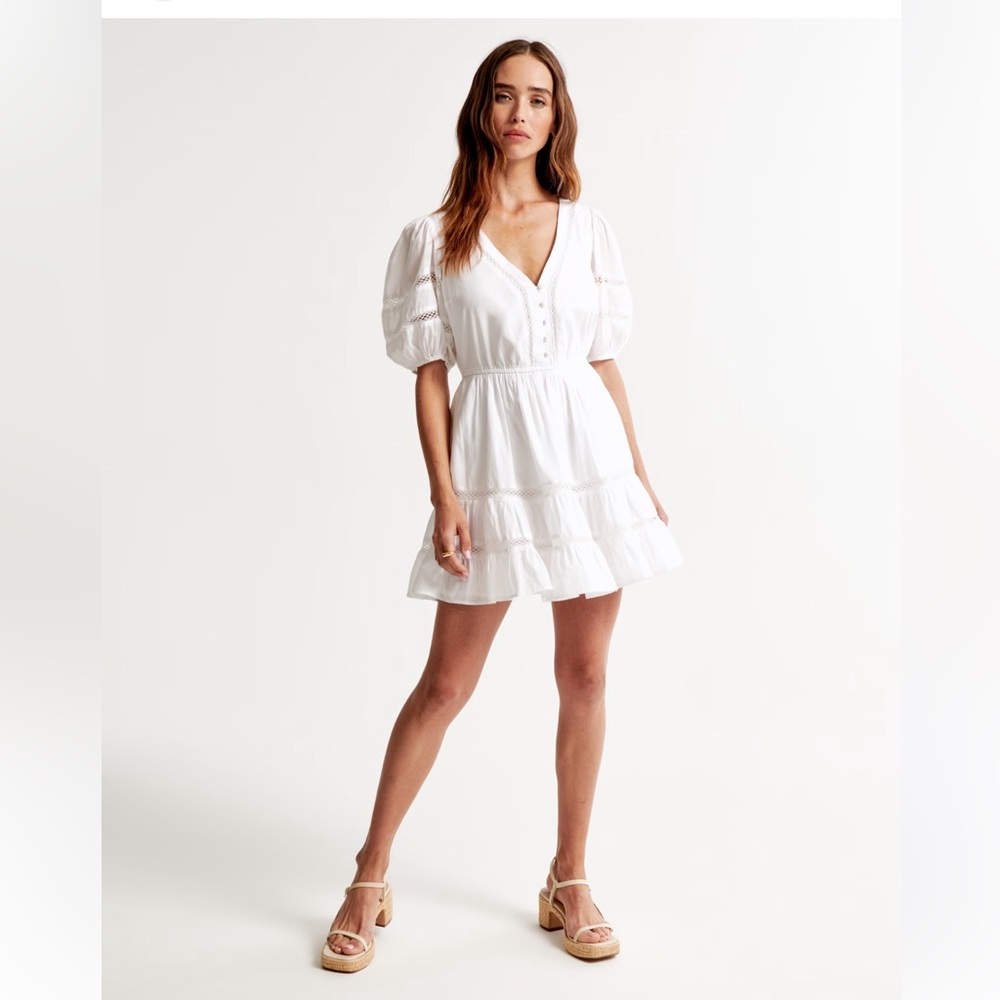 Abercrombie & Fitch White button up mini puff sleeve dress